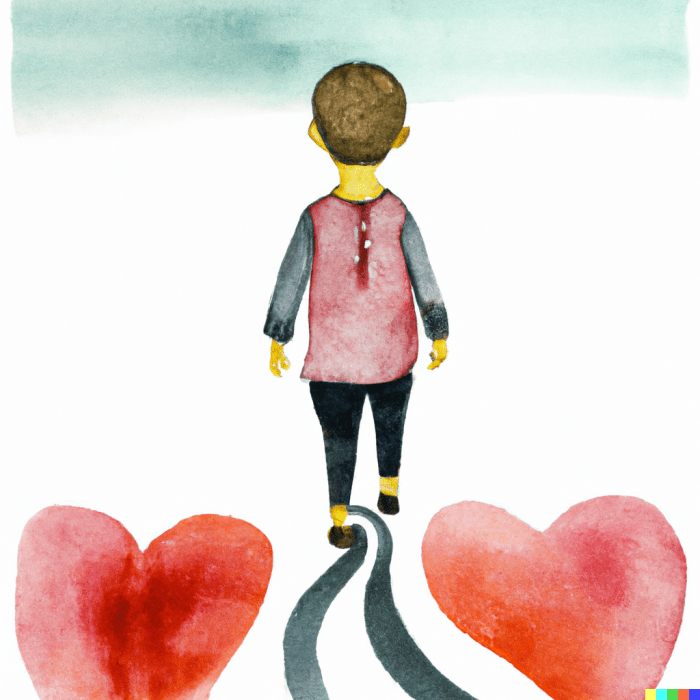Watercolor illustration of a boy following a path led by his own heart.